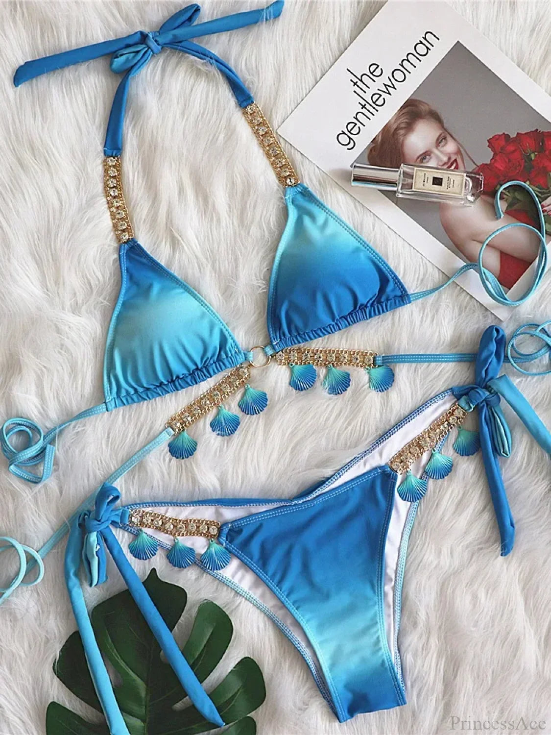 Metal Chains Wrap Around Bikini Set Blue / S