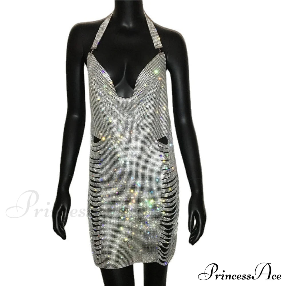 Metal Diamond Nightclub Sexy Backless Flash Dress L / Black Sequin Dress