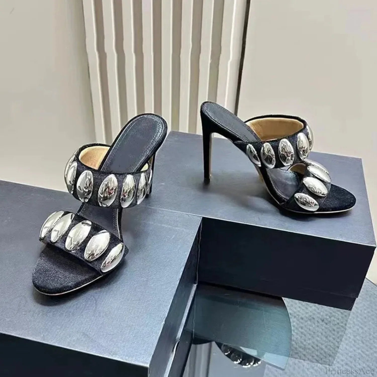 Metal Ornamental Gothic Suede Slippers Tall Heel Black-A / 35