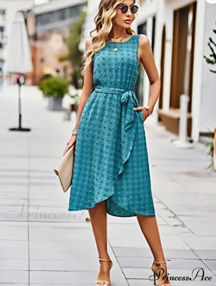 Midi Casual Crew Neck Boho Belt Sundress S / Blue Green Ruffles Summer Dress