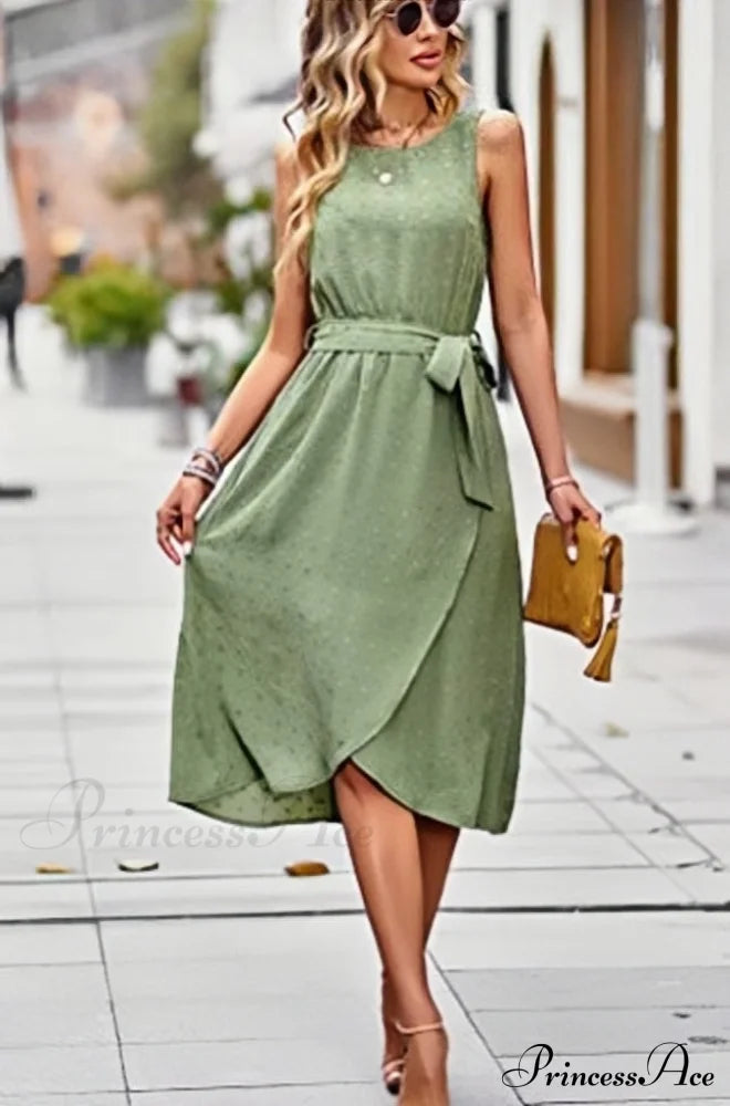 Midi Casual Crew Neck Boho Belt Sundress S / White Green Ruffles Summer Dress