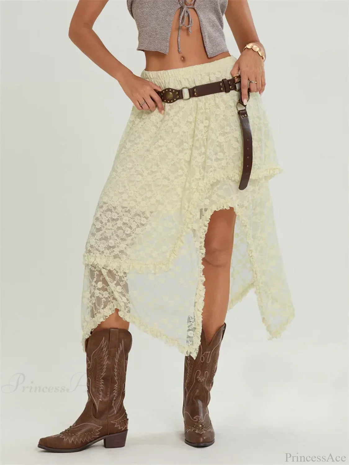 Midi Lace Floral Irregular Hem Elastic Waist Summer Skirt skirt-250126