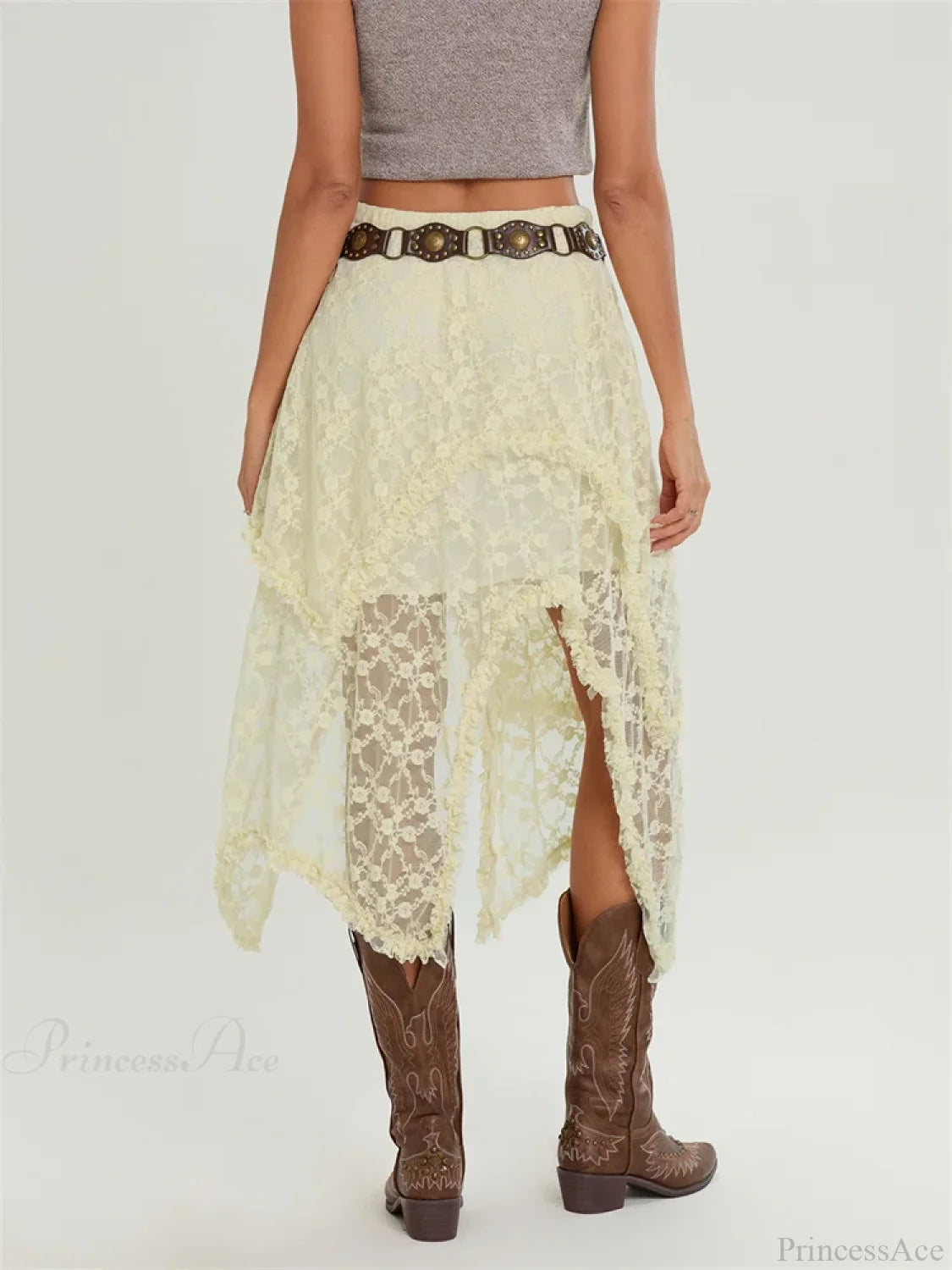 Midi Lace Floral Irregular Hem Elastic Waist Summer Skirt skirt-250126