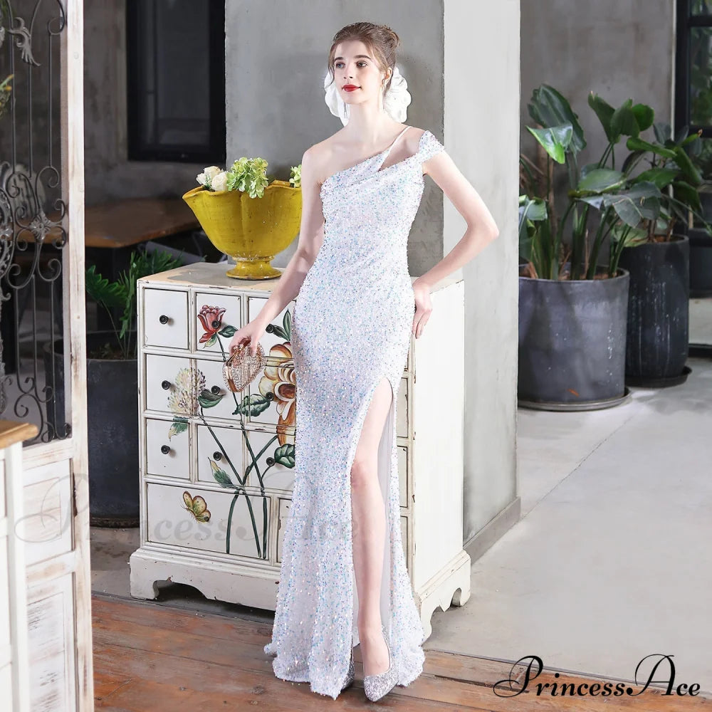 Mile one-shoulder bright sequined formal dress - Lady Occasions