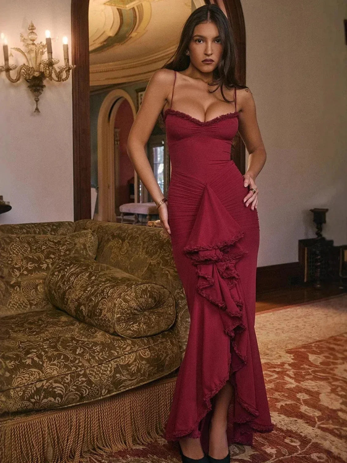 Mingmingxi IrRegular Ruffle Vacation Dress Maroon / XS vacationdress-250223