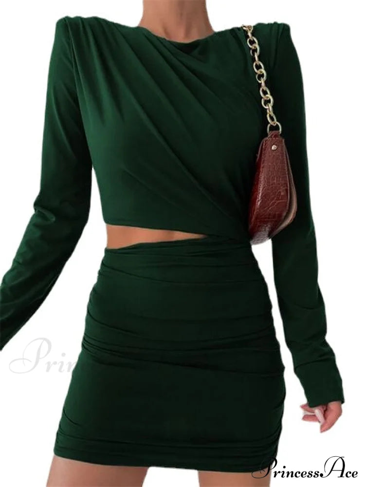 Mini Brown Sexy O Neck Long Sleeve Elegant Party Dresses Green / M