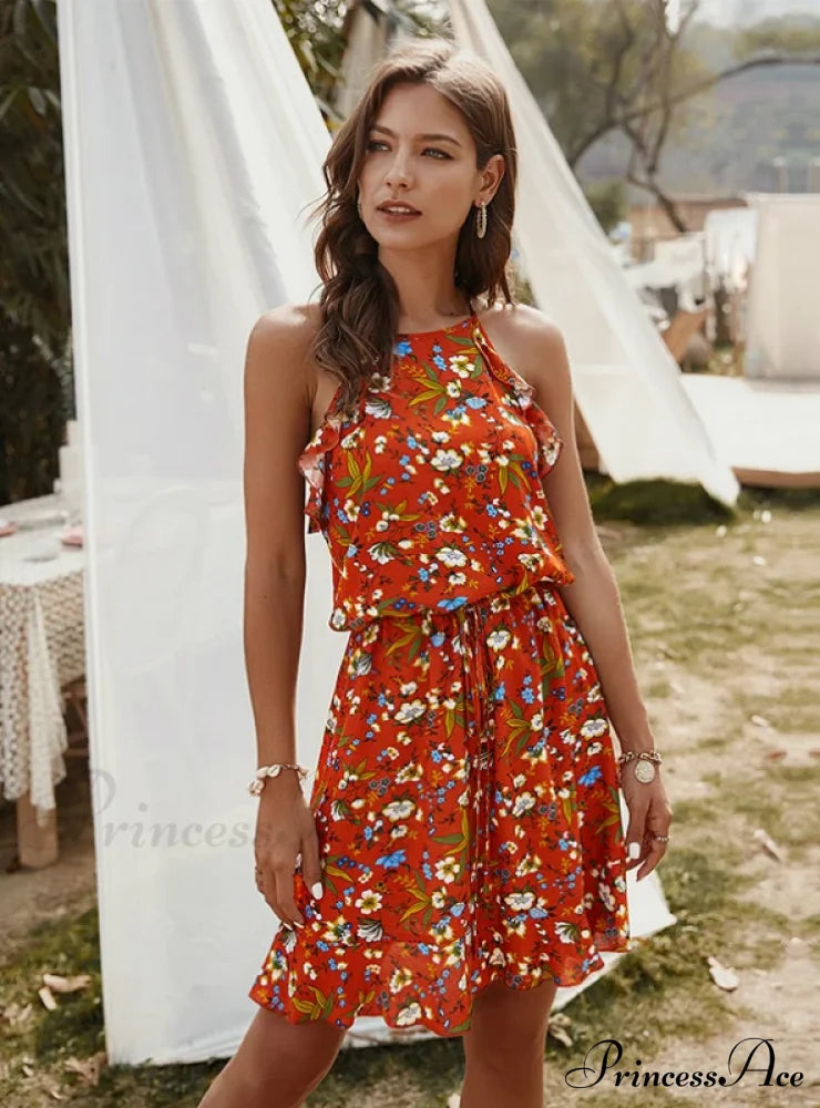 Mini Flowered Sleeveless Ruffles Dress M / Red Dresses