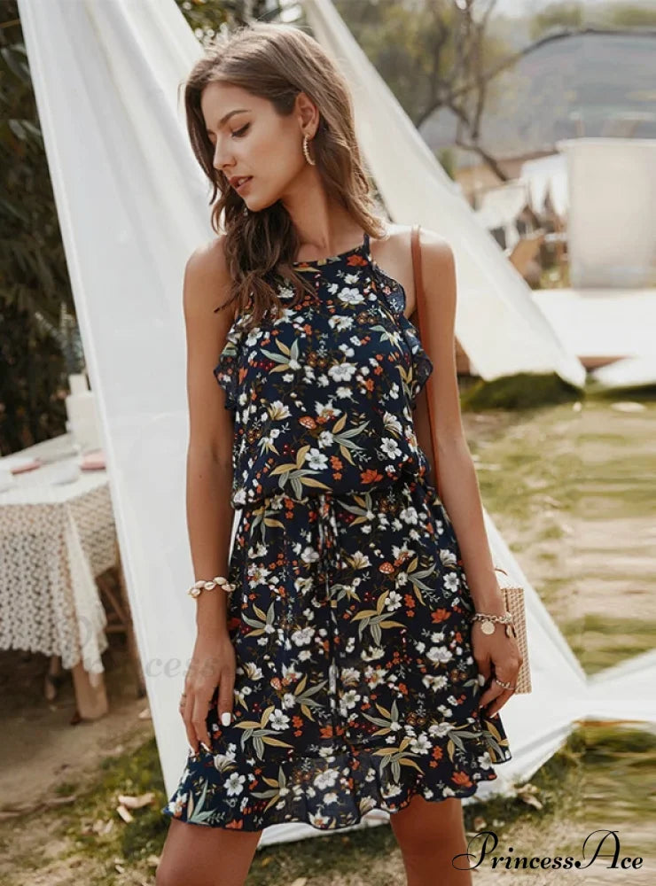 Mini Flowered Sleeveless Ruffles Dress M / White Dresses