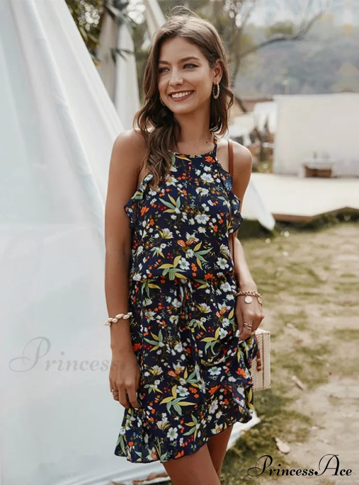 Mini Flowered Sleeveless Ruffles Dress S / Black Dresses