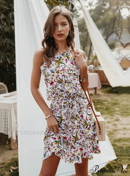Mini Flowered Sleeveless Ruffles Dress S / White Dresses