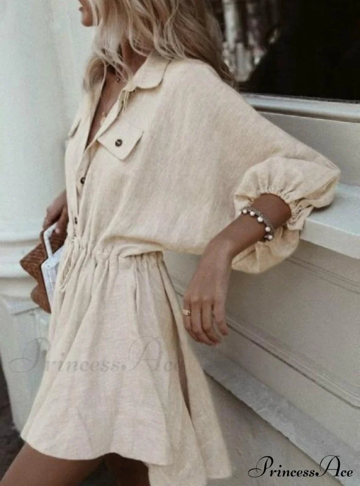 Mini Shirt Lantern Sleeve Sash Buttons Dress For Women Dresses