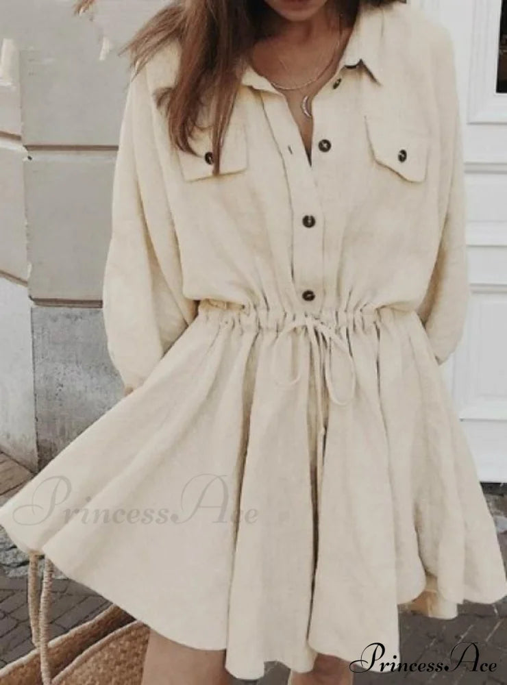 Mini Shirt Lantern Sleeve Sash Buttons Dress For Women Dresses