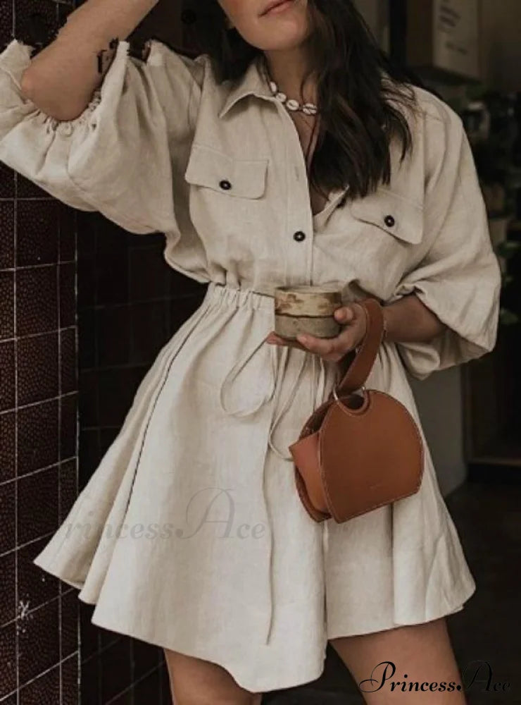 Mini Shirt Lantern Sleeve Sash Buttons Dress For Women Dresses
