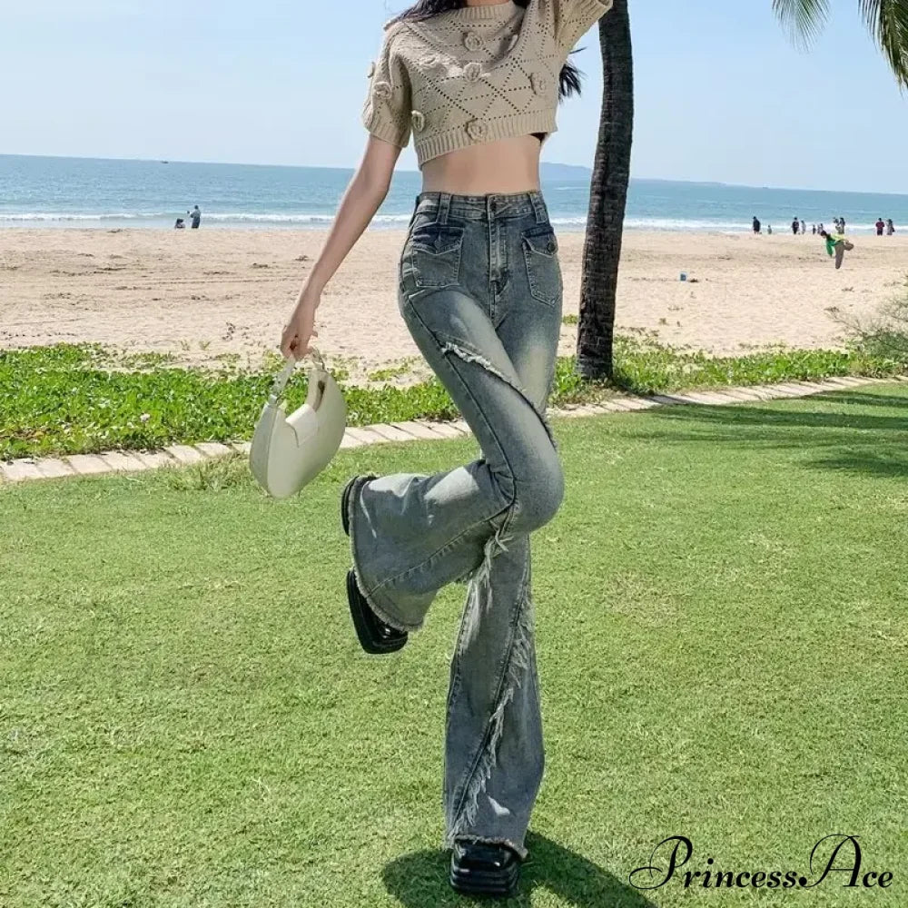 Minimalist Literary Versatile Japanese Dark Micro Flared High Waisted Fashion Jean