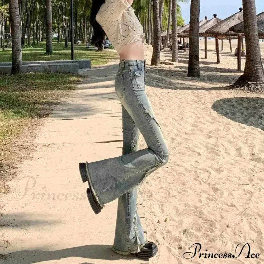 Minimalist Literary Versatile Japanese Dark Micro Flared High Waisted Fashion Jean