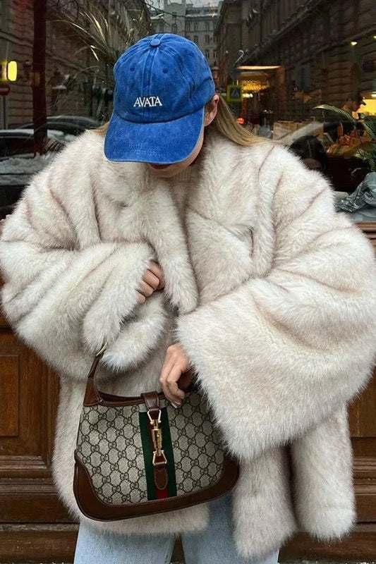 Minimalist Solid Color Plush Tip-Dyed Faux Fox Fur Oversized Coat White / S