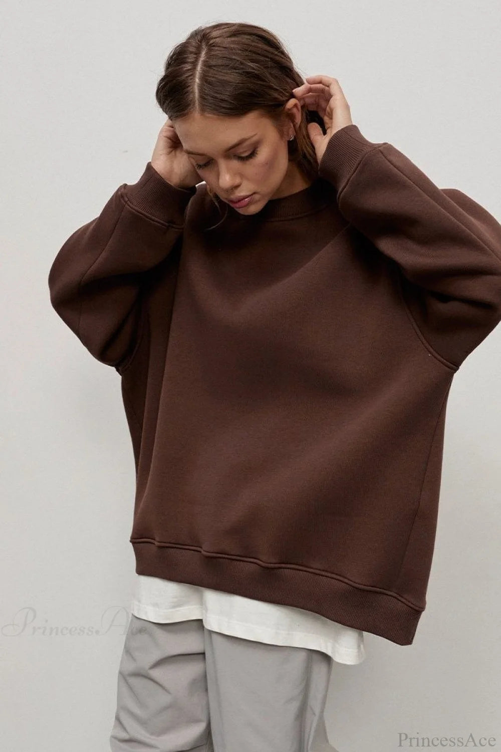Minimalist Solid Crew Neck Oversize Sweatshirts Brown / S