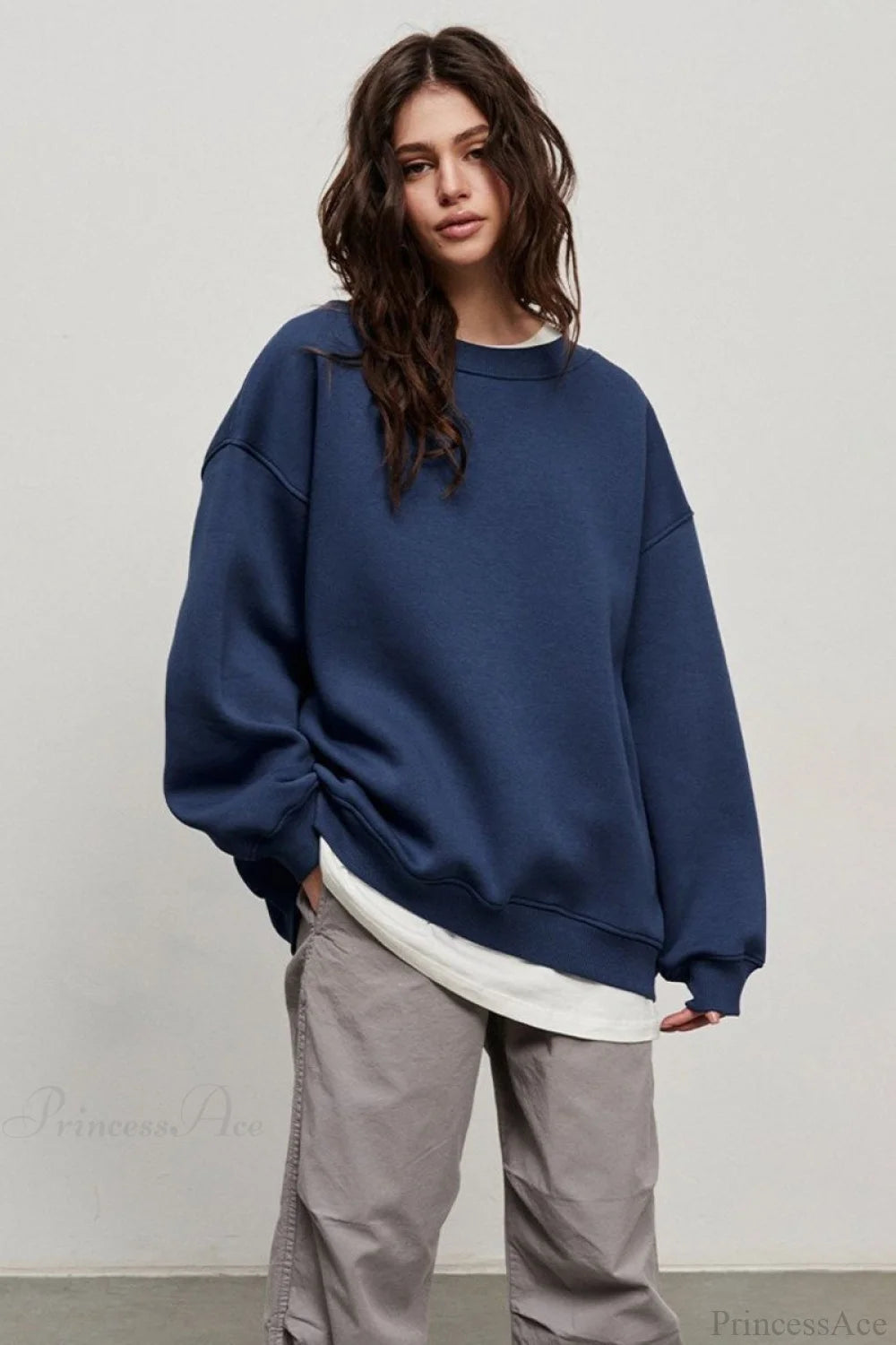 Minimalist Solid Crew Neck Oversize Sweatshirts Navy blue / S