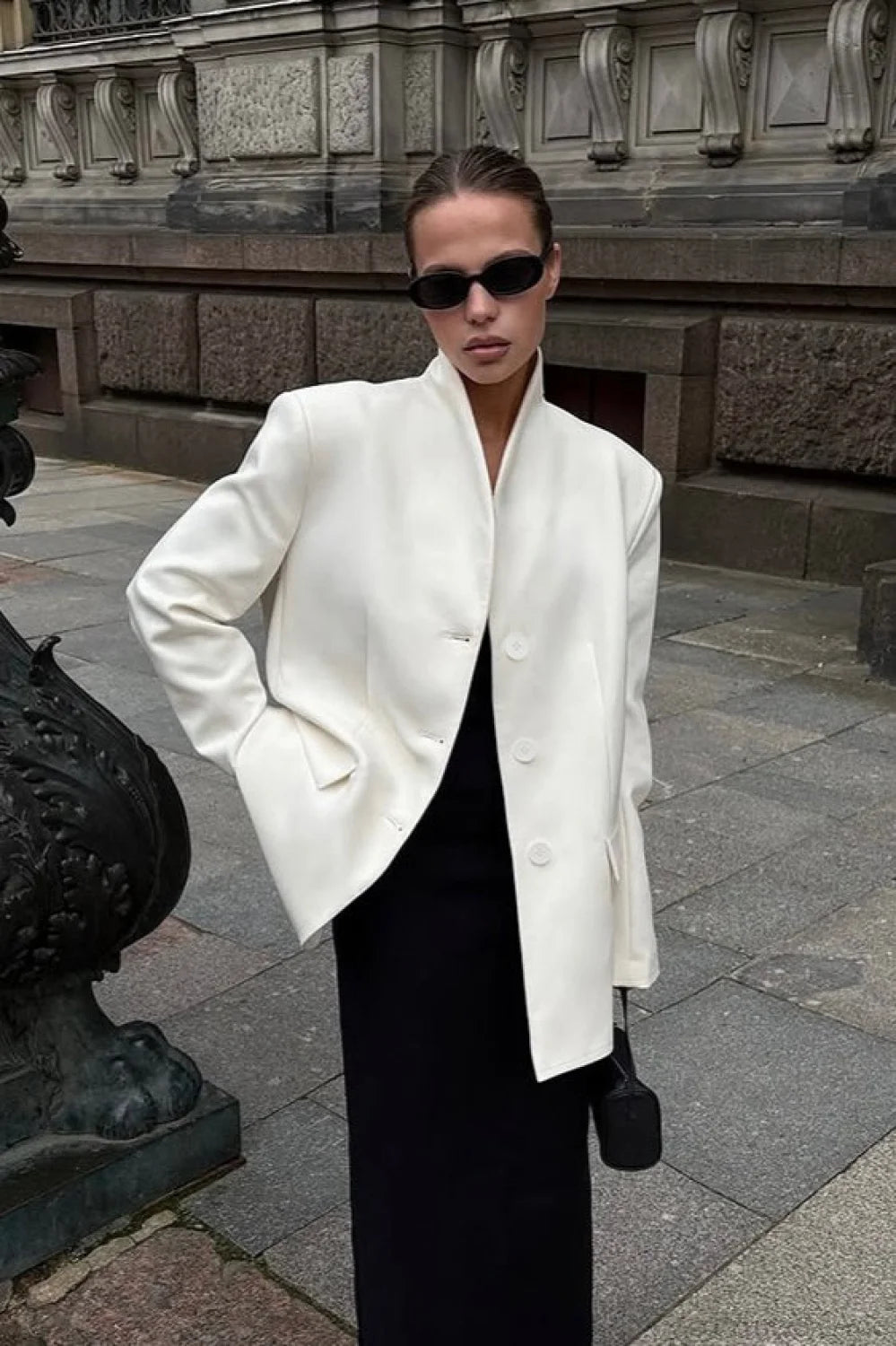 Minimalist White V-Neck Elegant Relaxed Coat