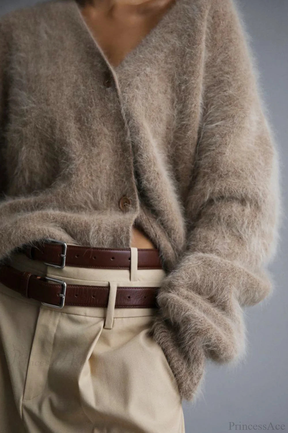 Mink Hair V Faux Neck Cardigan Khaki / L Cardigans