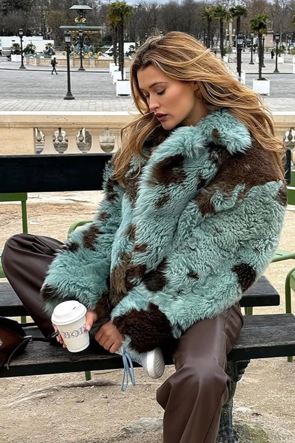 Mixed Color Printed Long Sleeve Cropped Faux Fur Coat