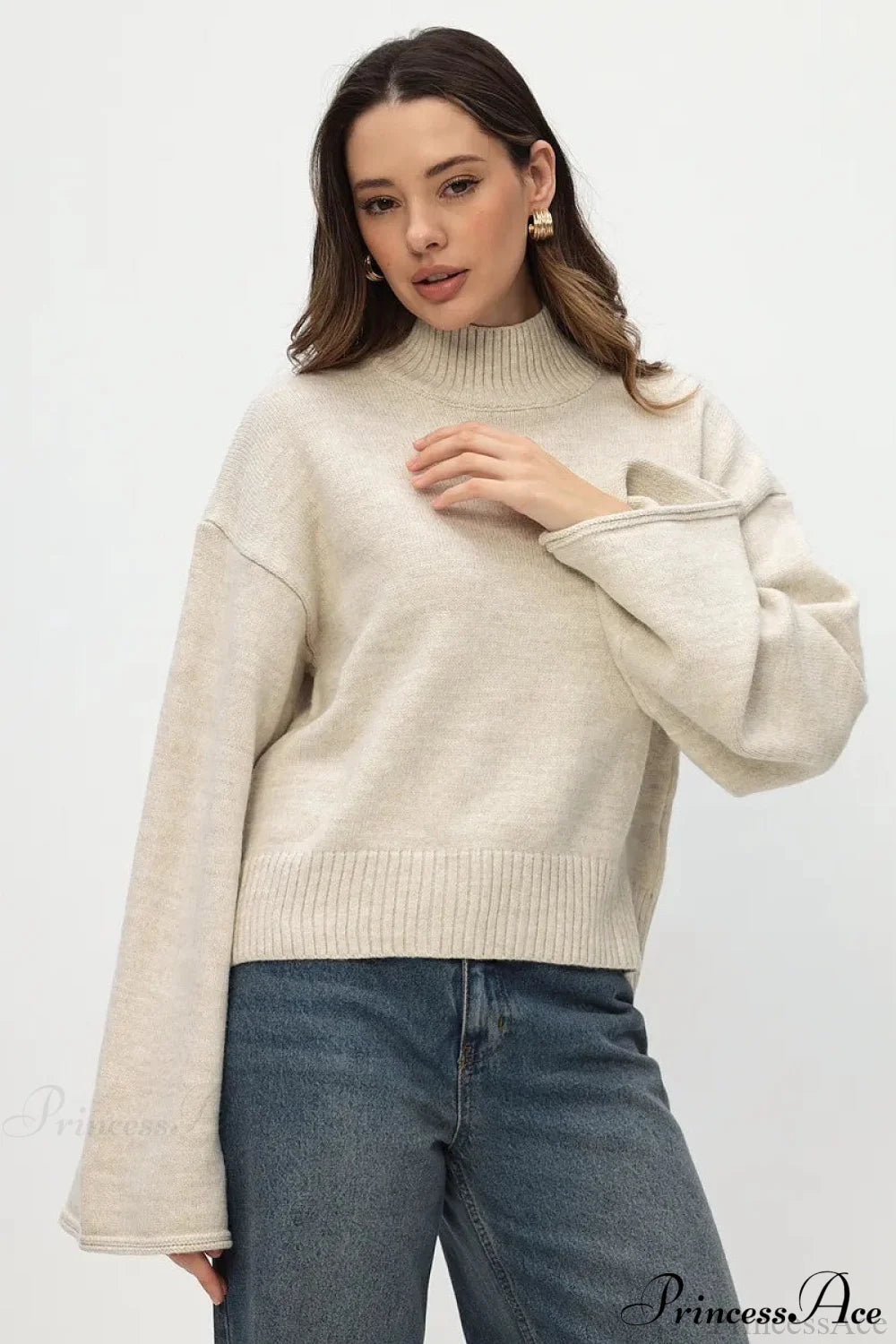 Mock Neck Bell-Sleeve Loose Short Sweater