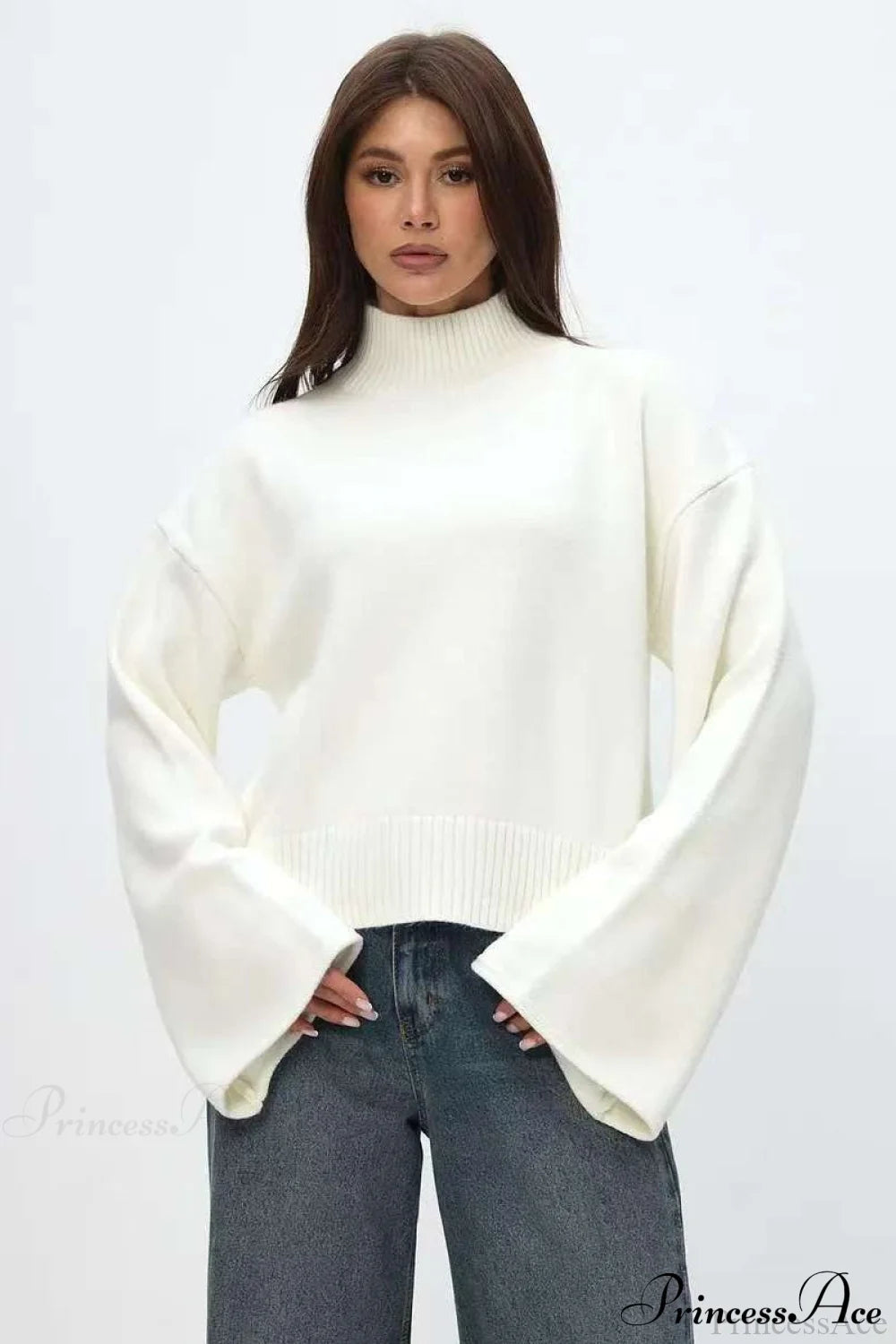 Mock Neck Bell-Sleeve Loose Short Sweater