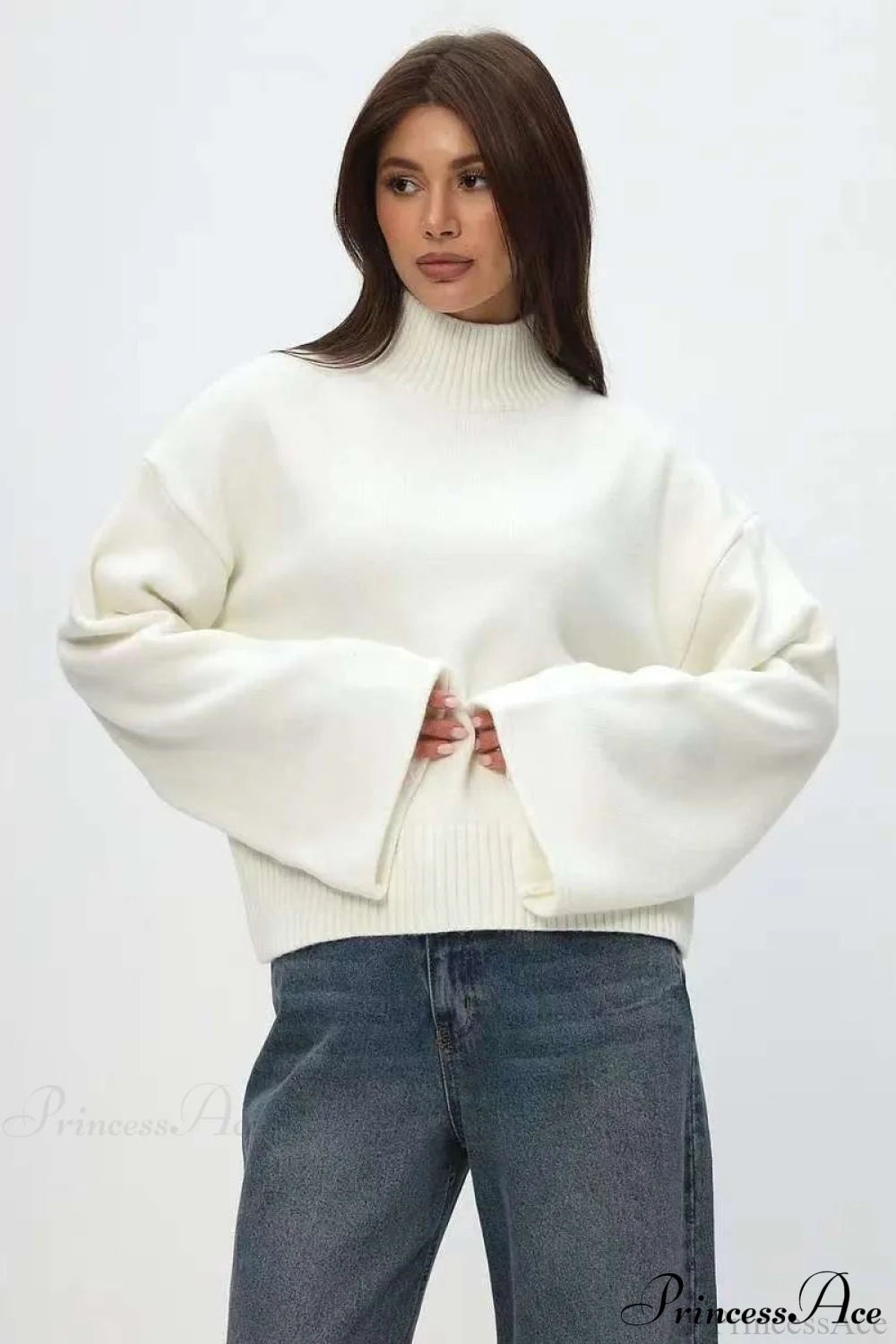 Mock Neck Bell-Sleeve Loose Short Sweater White / S