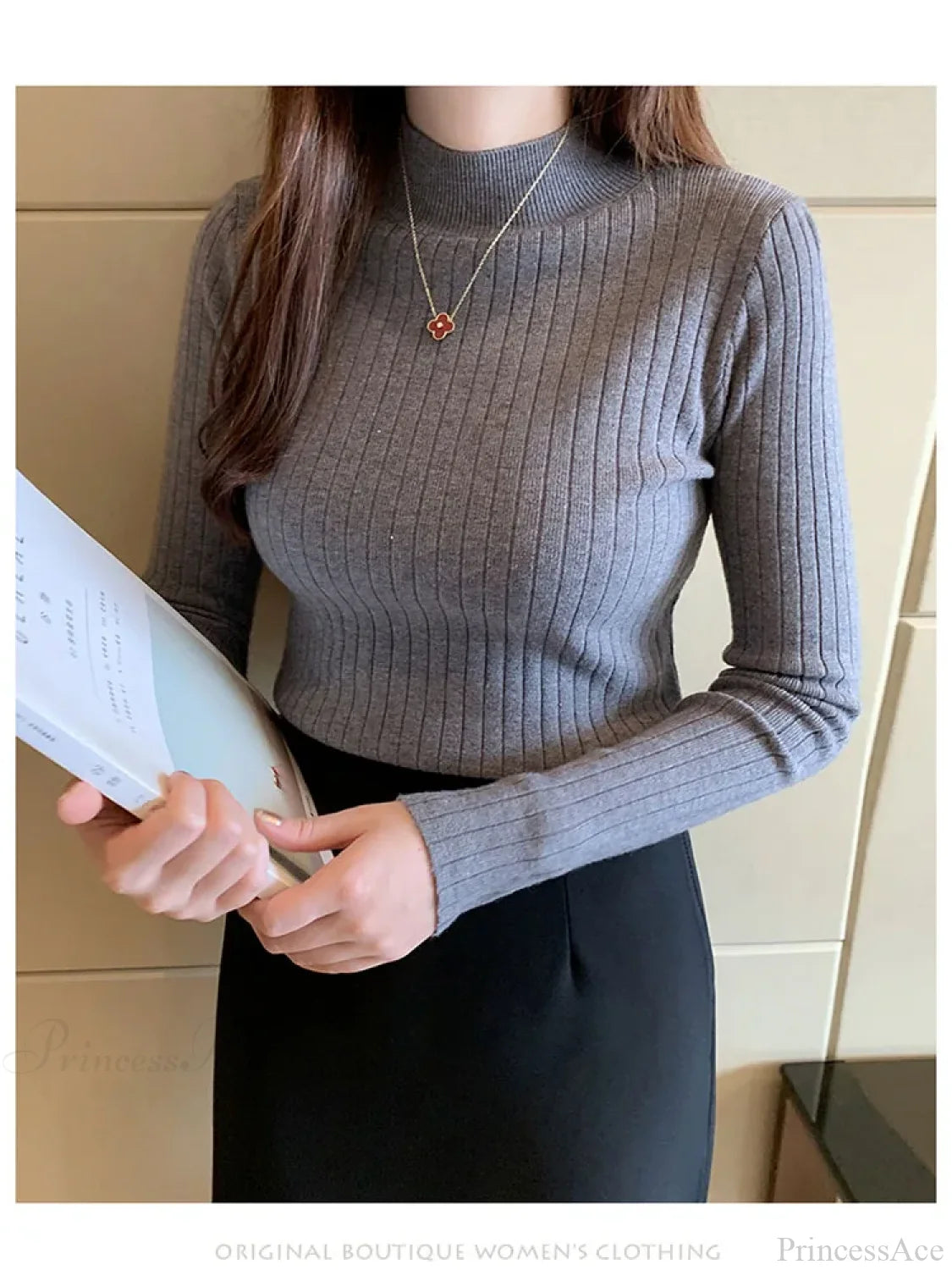 Mockneck Solid Cashmere Pullover Elegant Knit Top knittop-250126