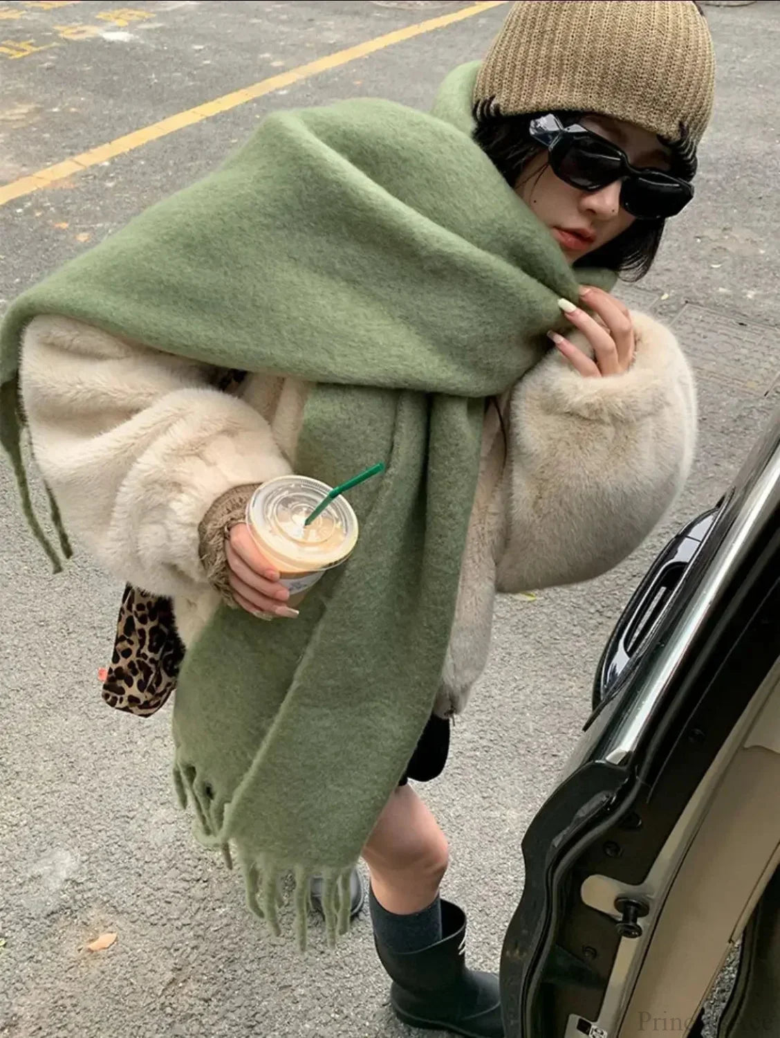 Mohair Winter Scarf - Solid Color Thickened Wool Fringed Army Green Scarfs-L