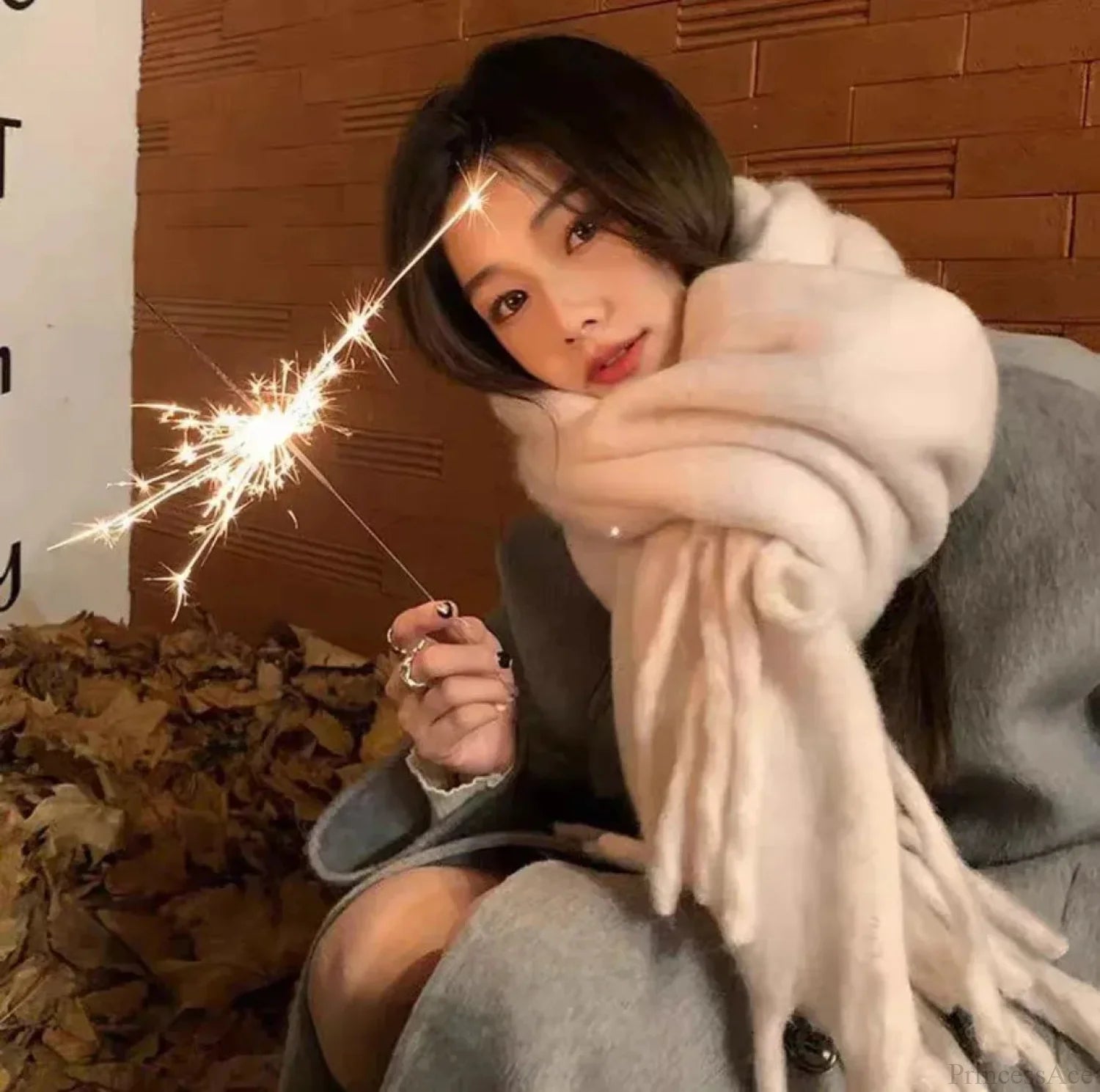 Mohair Winter Scarf - Solid Color Thickened Wool Fringed Color Beige Scarfs-L