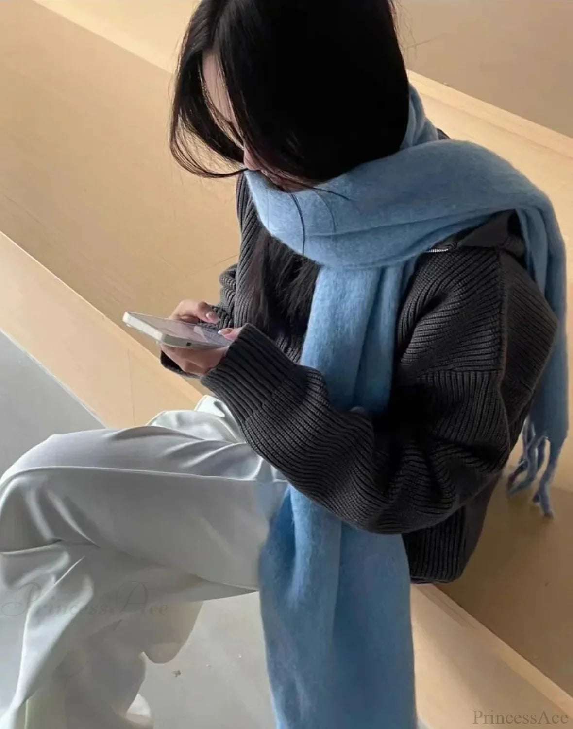 Mohair Winter Scarf - Solid Color Thickened Wool Fringed Denim Blue Scarfs-L