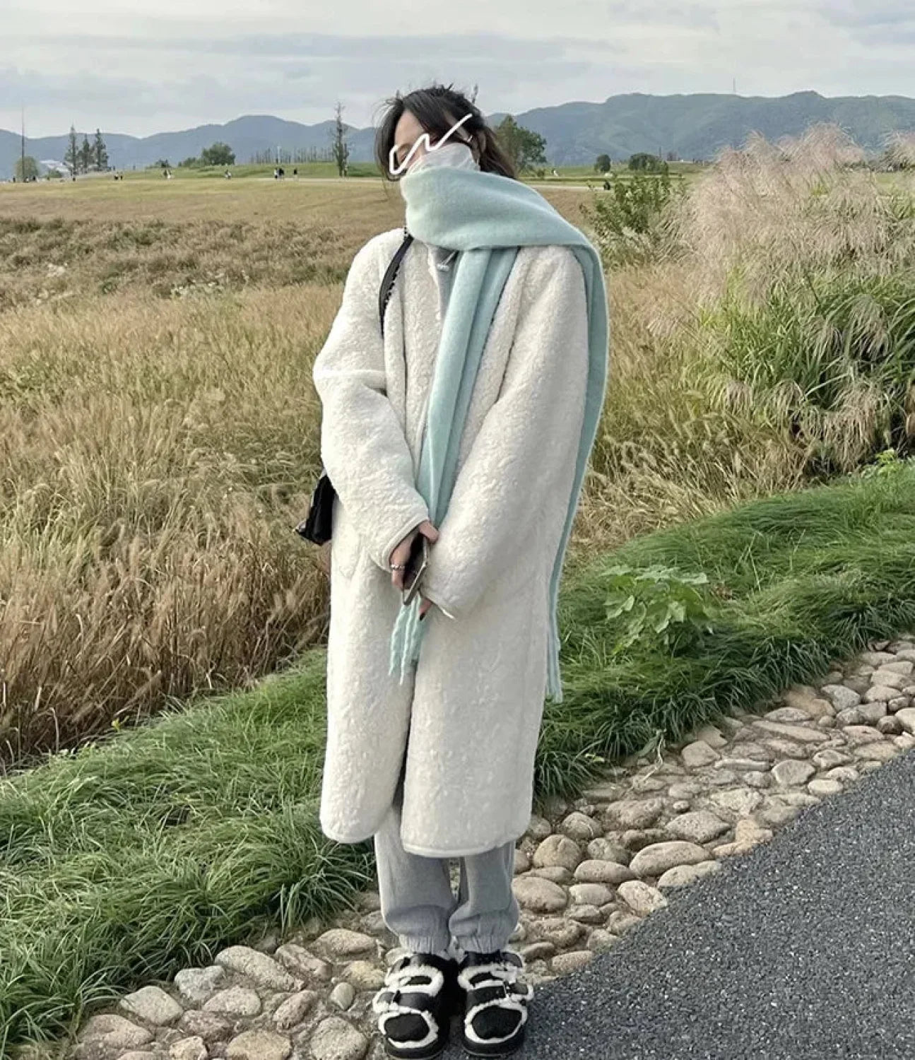 Mohair Winter Scarf - Solid Color Thickened Wool Fringed Light Blue Scarfs-L