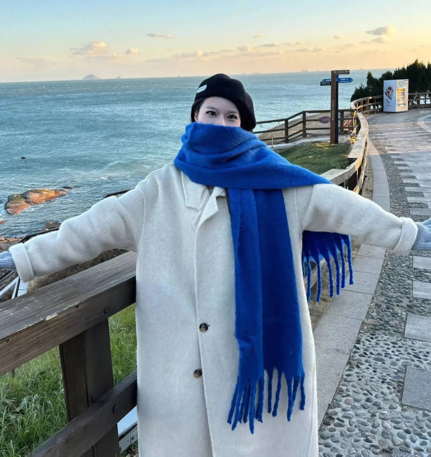 Mohair Winter Scarf - Solid Color Thickened Wool Fringed Royal Blue Scarfs-L