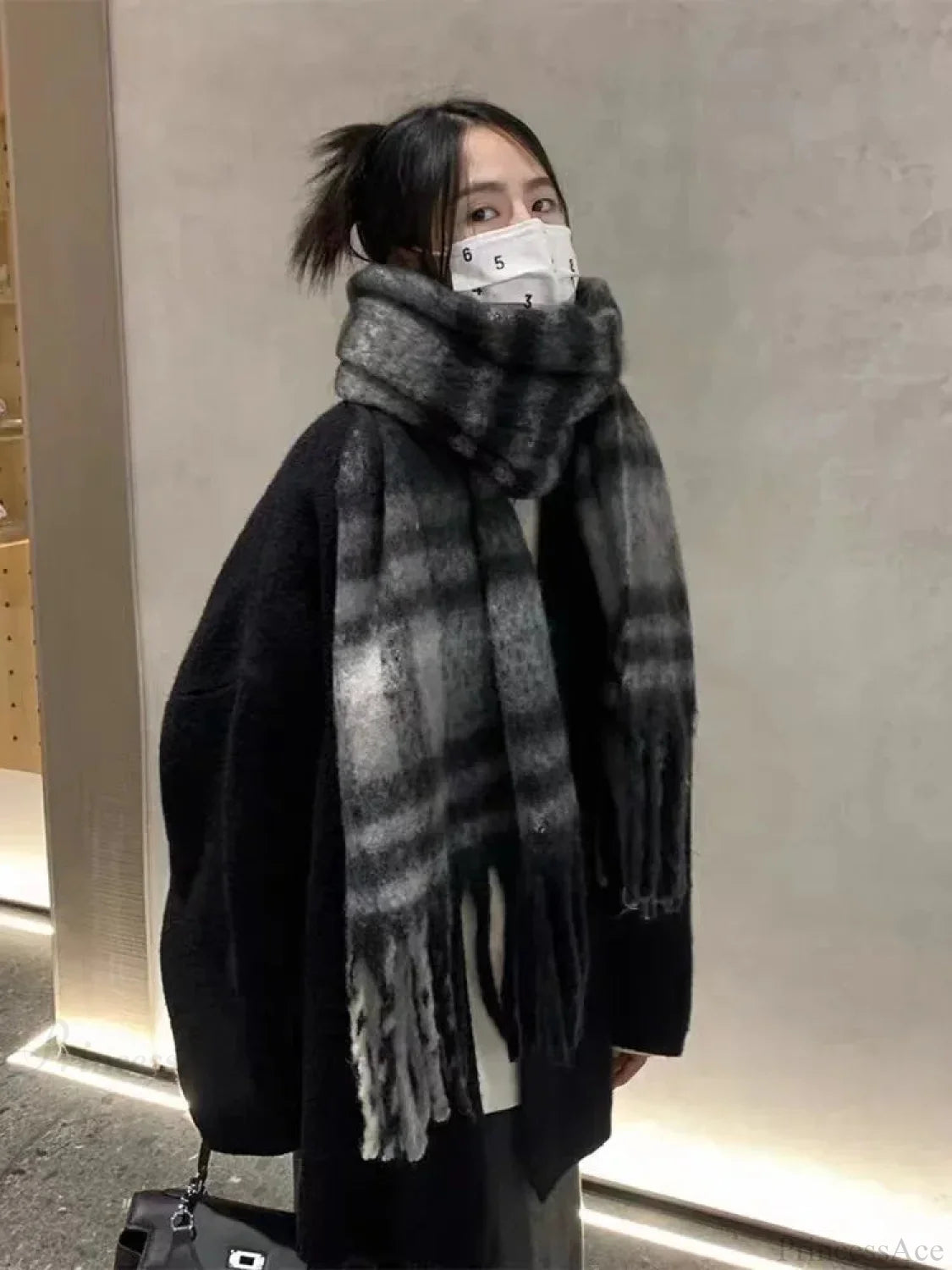 Mohair Winter Scarf - Solid Color Thickened Wool Fringed Type F Gray Black Scarfs-L