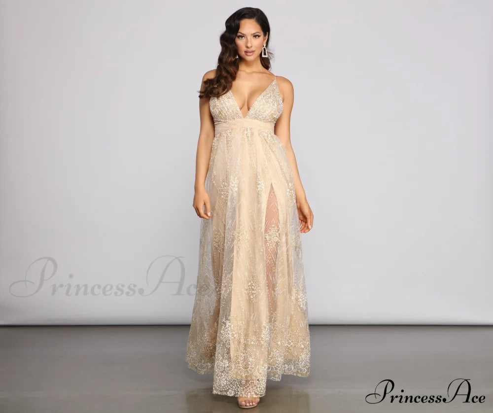 Mona Formal Plunging Glitter Dress - Lady Occasions