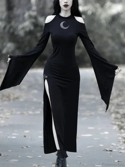 Moon Hollow Out Flare Sleeve Maxi Dress Black / S