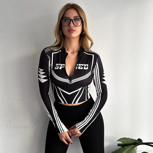 Motorcycle Zipper Printed Graphic Sexy Long Sleeve Knit Top Black / S knittop-250126