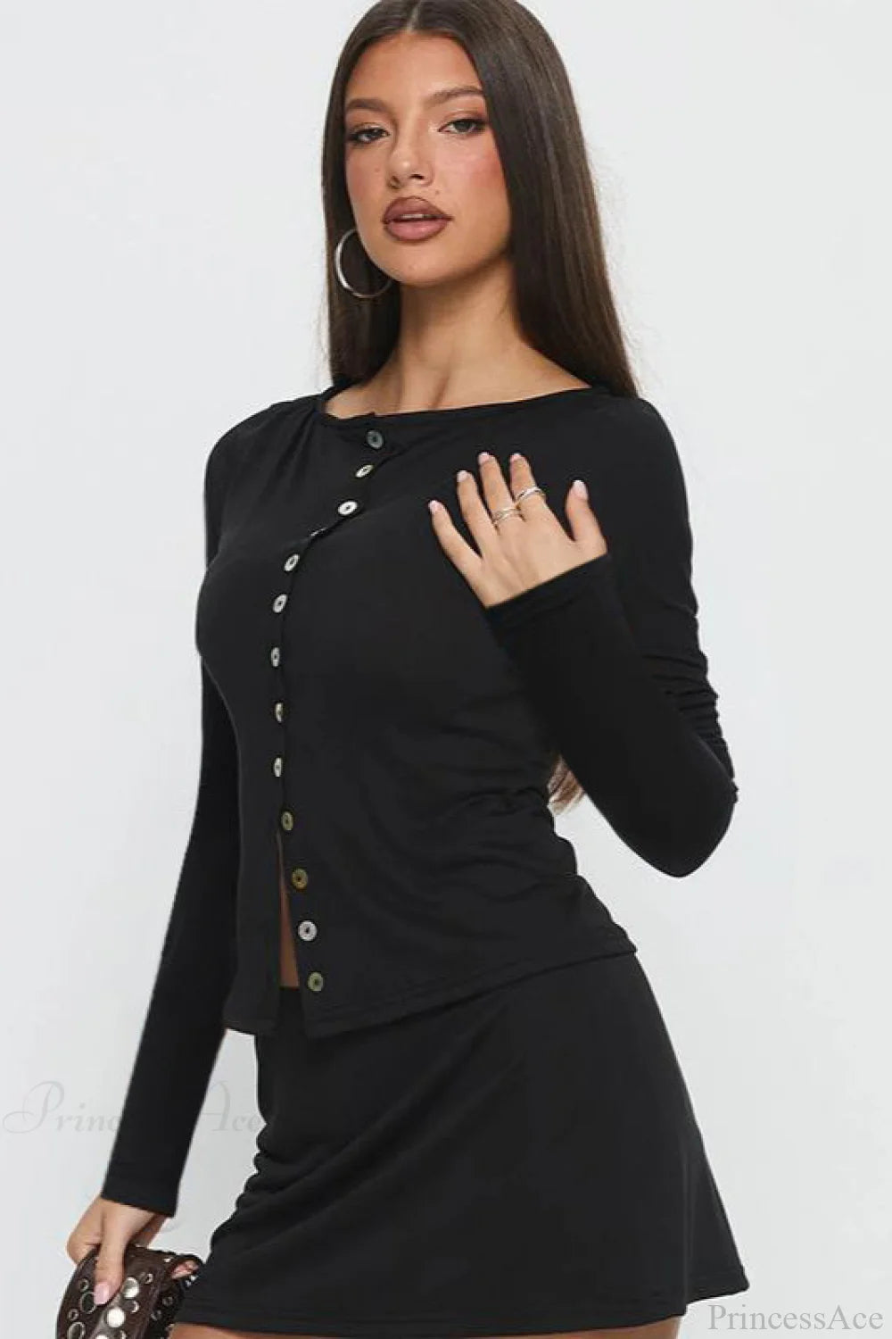 Multi-Button Fitted Solid Long Sleeve Tee