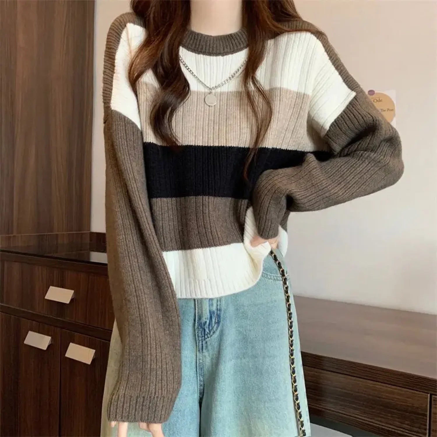 Multi-Color Splicing Lazy Style Slimming Sweater coffee / S