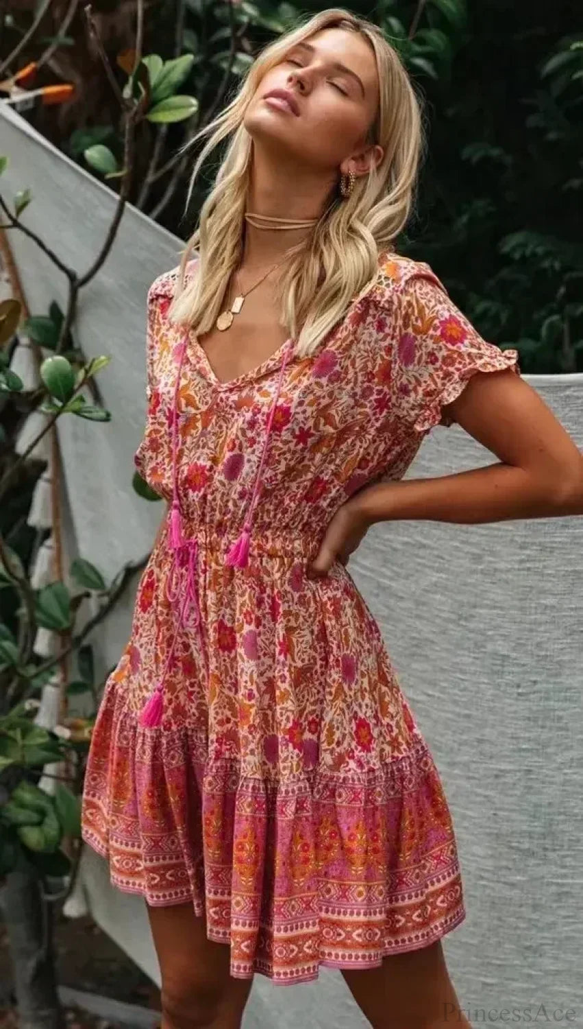 Multi Floral Print V-neck Half Sleeve Loose Mini Boho Dress bohodress-250126
