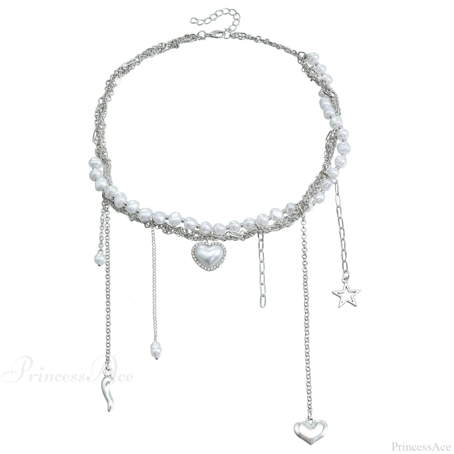 Multi-Layer Heart Tassel Pearl Star Pendant Necklace Steel Halloween