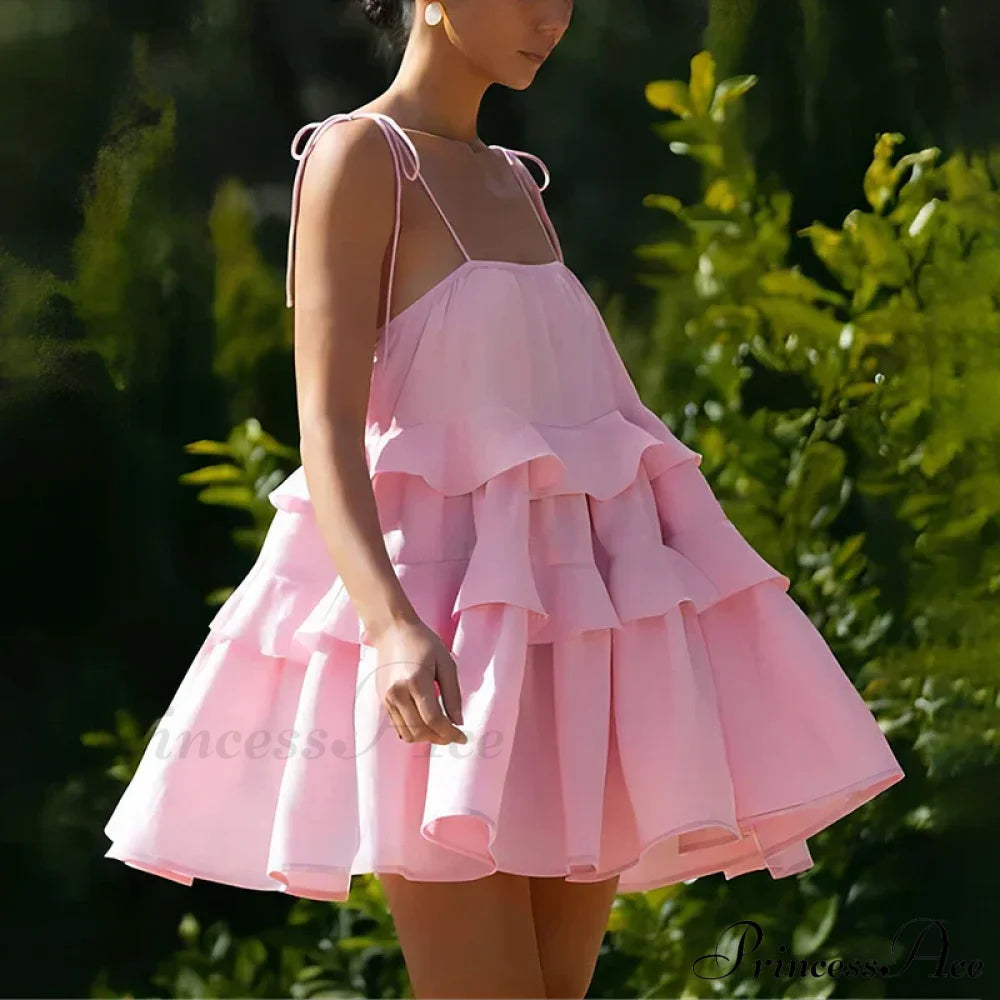 Multi-Tiered Ruffles Stylish Strappy Mini Dress Solid