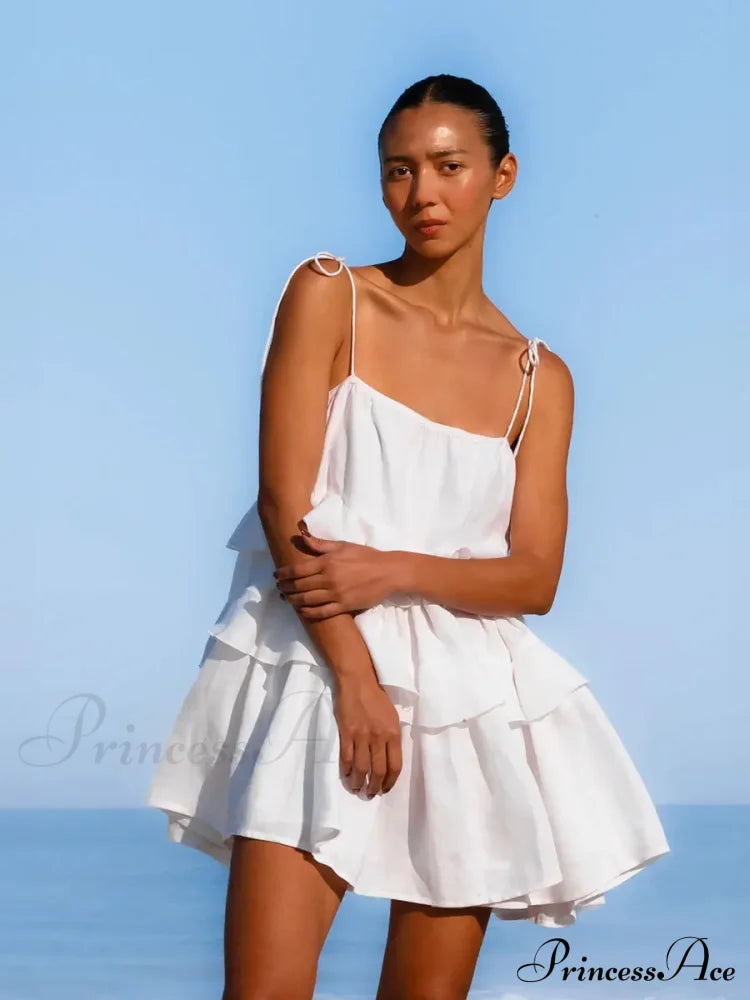 Multi-Tiered Ruffles Stylish Strappy Mini Dress Solid