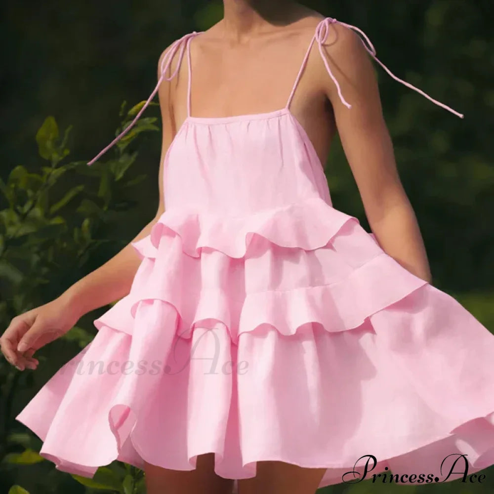 Multi-Tiered Ruffles Stylish Strappy Mini Dress Solid