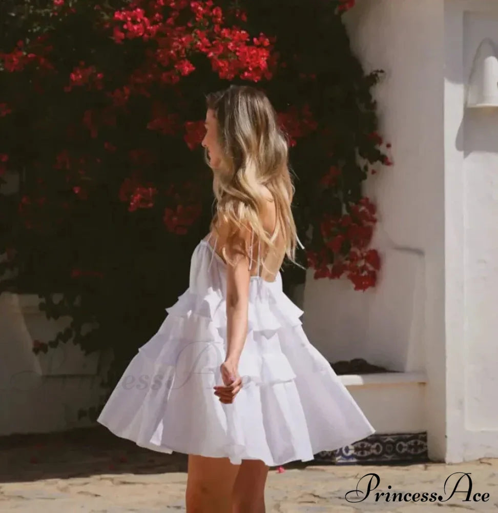 Multi-Tiered Ruffles Stylish Strappy Mini Dress Solid