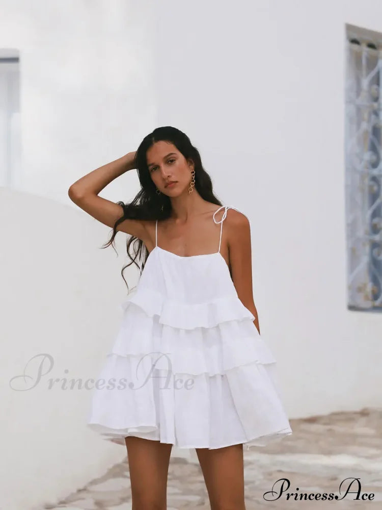 Multi-Tiered Ruffles Stylish Strappy Mini Dress Solid