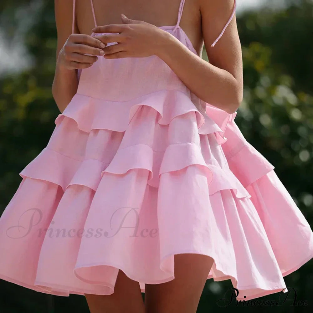 Multi-Tiered Ruffles Stylish Strappy Mini Dress Solid