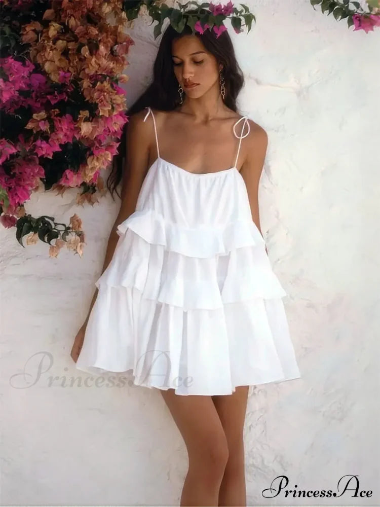 Multi-Tiered Ruffles Stylish Strappy Mini Dress Solid