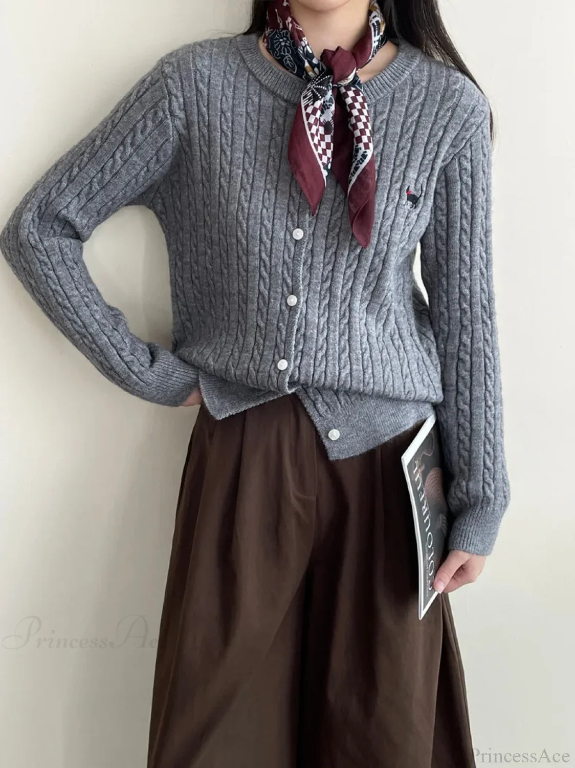 Navy Blue Cable Knit Cartoon Embroidered Trendy Cardigan Christmas Sweater Gray / One Size